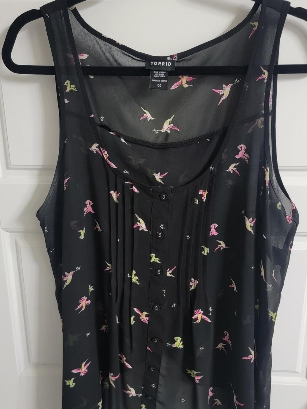 Torrid Sheer Hummingbird Print Button Tank